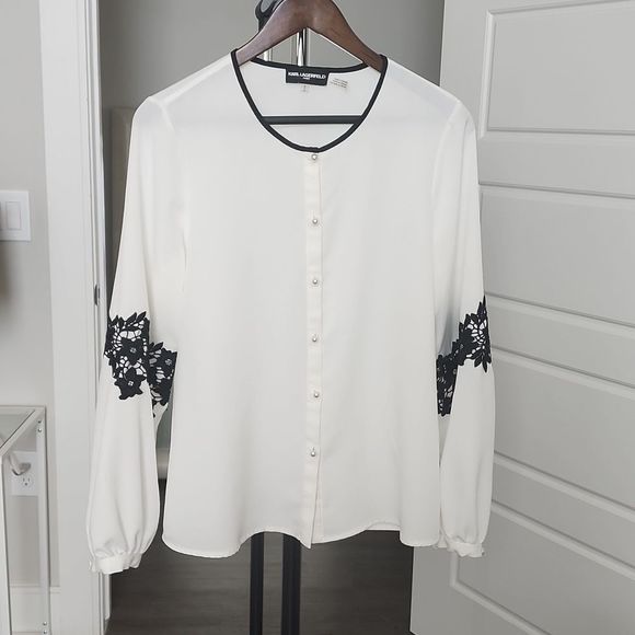 Karl Lagerfeld Tops - Karl Lagerfeld Blouse with Pearl Buttons and Black Floral Lace size M